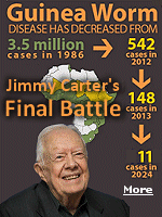 Jimmy Carter, who has died at age 100, spared millions of people from Guinea Worm. Former president Jimmy Carter�s charity has helped transform Guinea worm from a disease that used to infect millions to one that infects fewer than a dozen. 